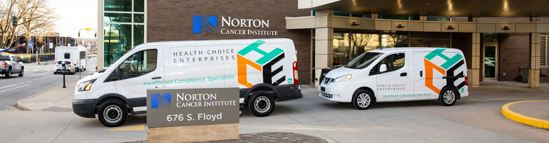 Health Choice Enterprises Vans outside of the Norton Cancer Institute in Louisville, KY