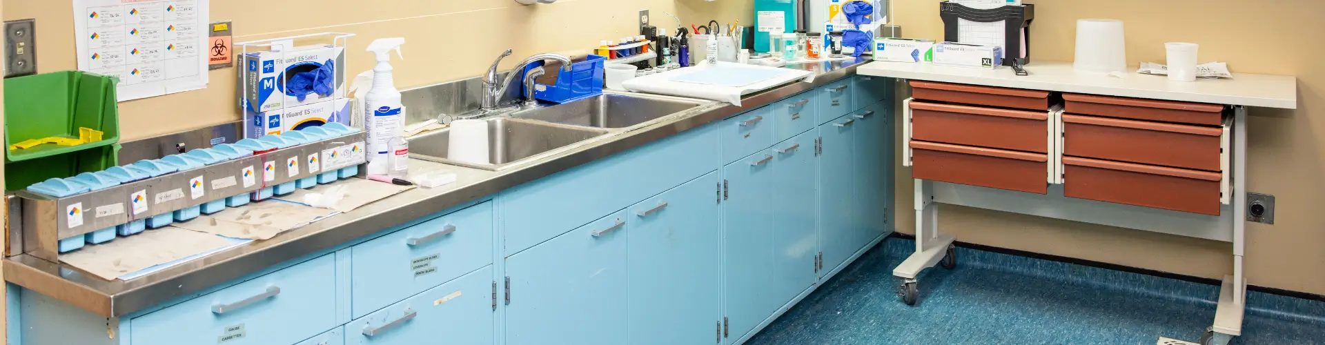 A counter with healthcare supplies in a healthcare facility.